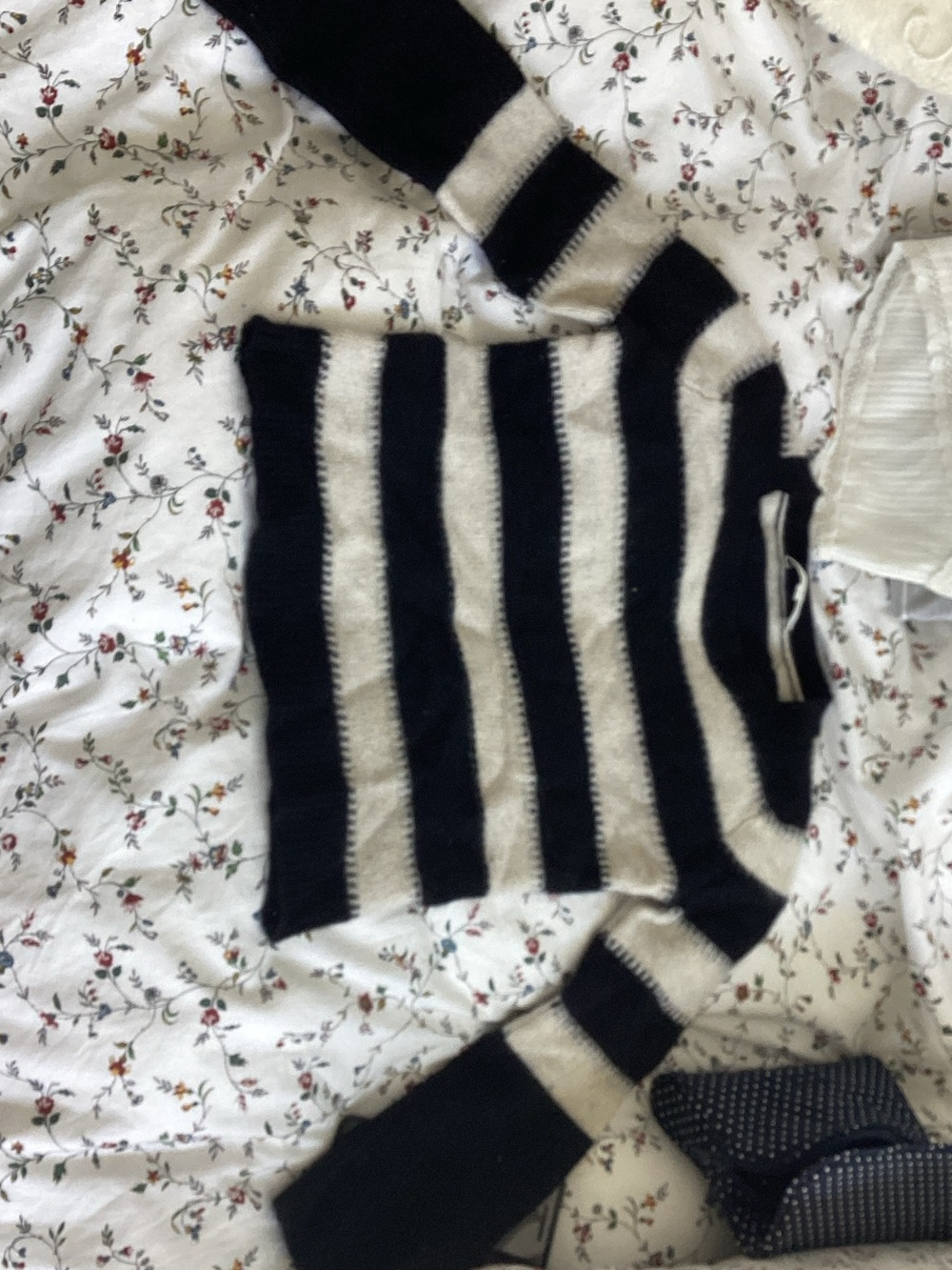 White + Warren Black and Cream Striped Long Sleeve Sweater